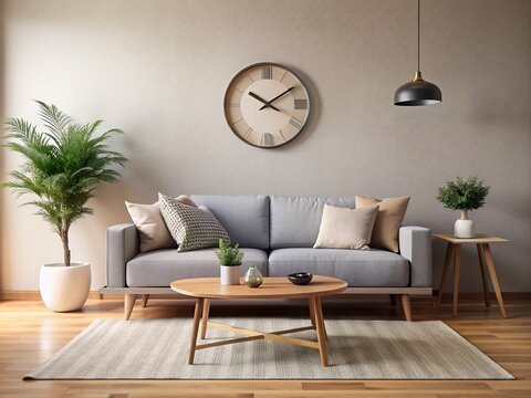 Stylish modern living room interior featuring sleek gray sofa, minimalist coffee table, and large wall clock against a soft, neutral-colored background.