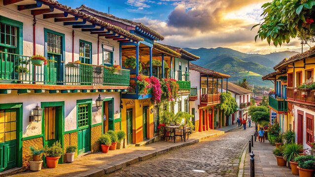 Vibrant colorful streets of Salento Colombia bathed in warm sunlight, adorned with lush greenery, quaint coffee shops, and rustic wooden facades, evoking cozy coffee time ambiance.