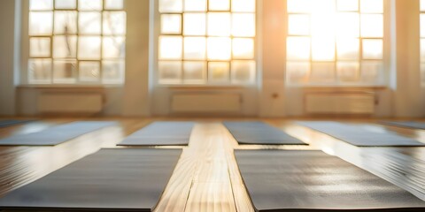 Fototapeta premium Tranquil Yoga Studio with Sunlit Windows, Wooden Floors, and Aligned Mats. Concept Yoga Studio, Tranquil Setting, Sunlit Windows, Wooden Floors, Aligned Mats