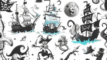 A black and white image of pirates and ships.