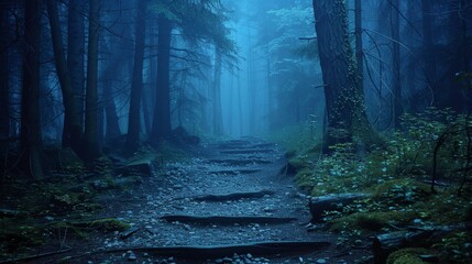 Fototapeta premium A misty forest path with stone steps leading into the unknown. The air is thick with fog and the trees tower overhead.