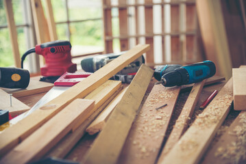 DIY craftsperson wood heap carpenter objects woodwork handyman desk. Architect tools with ruler...