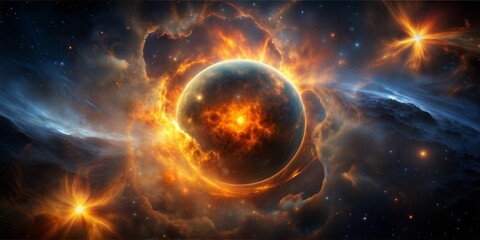 Obraz premium A swirling nebula bathes a distant planet in its ethereal glow, while a mighty star blazes in the vastness of space