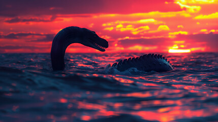 Fototapeta premium Twilight Titan: Sea Monster Rises from Ocean Depths at Sunset, Silhouetted by Dramatic Sky, Stirring Awe and Thrill