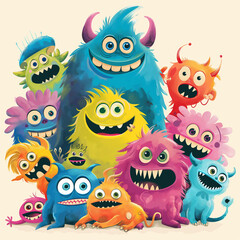 Naklejka premium Friendly Fantasia: Whimsical Cartoon Monsters in Bright Colors, Playfully Grouped with Amiable Expressions, Against Soft Light Background