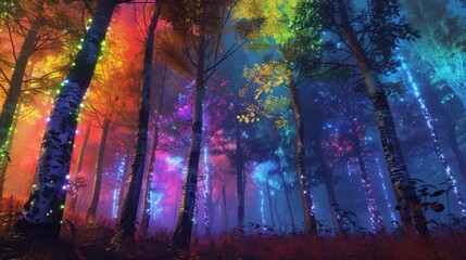 Obraz premium Create a surreal, psychedelic forest with trees that have glowing, multicolored bark and leaves that change colors with the breeze.