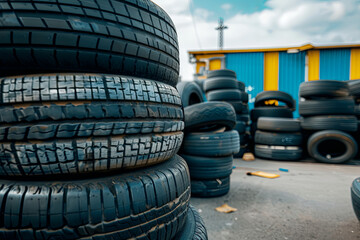 Obraz premium Piles of car tires in a factory storage area, industrial waste management and recycling