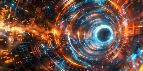 Obraz premium Futuristic Tunnel with Vibrant Orange and Blue Glowing Lights. Concept Futuristic Tunnel, Vibrant Lighting, Orange Lights, Blue Lights