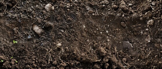Panoramic close-up, high detail scan of moist dirt material, Generative AI