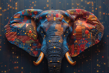 Obraz premium Vivid Digital Elephant with Futuristic Tech Colors and Patterns 