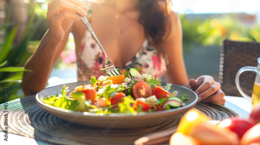 Wall mural woman enjoying a colorful summer salad on a sunny patio.