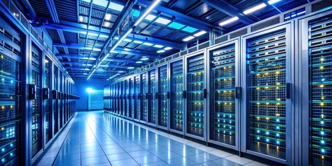 Server Room Interior with Blue Lights and Shiny Floor