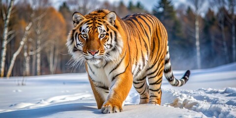 Fototapeta premium Siberian Tiger Walking in Snow - Portrait of Wild Cat in Winter Forest