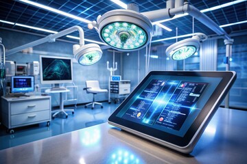Futuristic medical workstation featuring tablet computer with virtual screen interface displaying patient data, system analysis and network connections in a high-tech operating room setting.