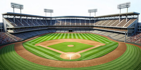 Baseball Stadium - A baseball stadium with green grass, a brown diamond, and spectators in the stands - A baseball stadium with green grass, a brown diamond, and spectators in the stands