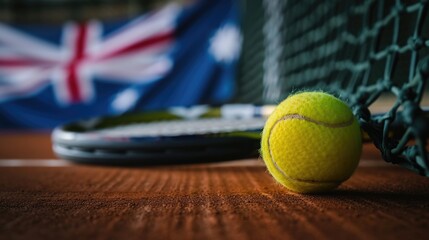 The close up picture of tennis ball near racquet and tennis net with australia flag in background also everything on brown floor, the tennis player require skill like endurance and training. AIGX02.