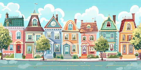 Fototapeta premium colorful cartoon illustration of a row of houses, generative AI