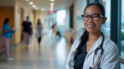 Professional female in white coat and glasses in corridor
