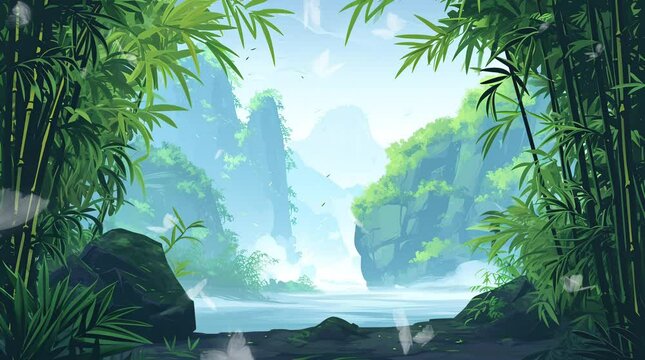 Scenic view of a rock cliff and bamboo trees by a tranquil lake on a sunny day
 Seamless looping 4k time-lapse virtual video animation background. Generated AI