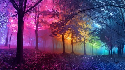 Fototapeta premium Create a surreal, psychedelic forest with trees that have glowing, multicolored bark and leaves that change colors with the breeze.