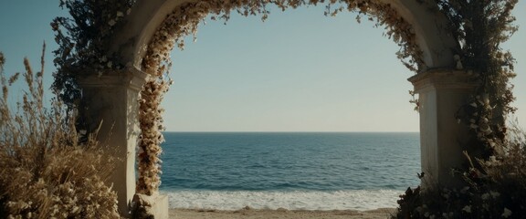 Fototapeta premium scenic view through Sun-bleached archway decorated dried flowers
