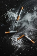 Cigarette sticks and cigarette powder scattered on a shiny black background.