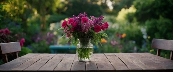 Obraz premium wooden table top Tranquil garden setting polished