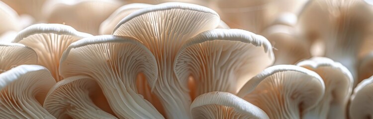 Close Up of White Oyster Mushrooms With Delicate Gills