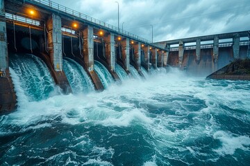 Wide-angle shot of a hydroelectric dam with water flowing through the spillways, generating electricity , cinematic, high contrasty, realistic 