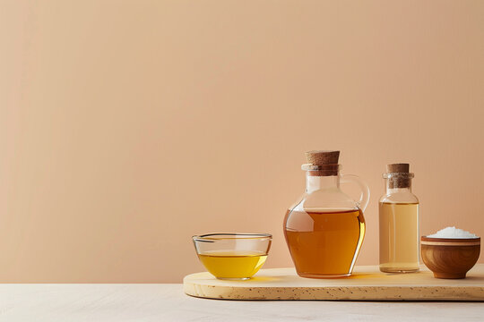 Minimalist display of Dijon mustard, honey, apple cider vinegar, olive oil, and salt on a clean, soft-toned background
