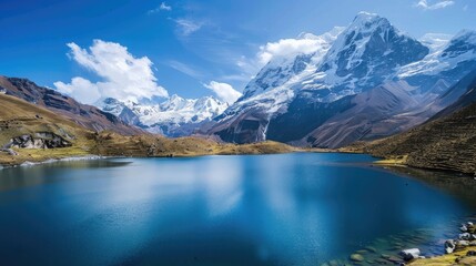 Naklejka premium A stunning alpine lake surrounded by snow-capped mountains