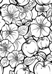 Fototapeta premium A black and white illustration of apples and flowers, intermingling in a captivating, intricate pattern
