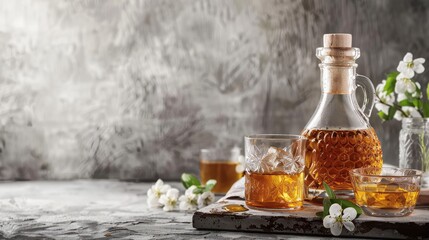 Honey vodka in a carafe and glasses