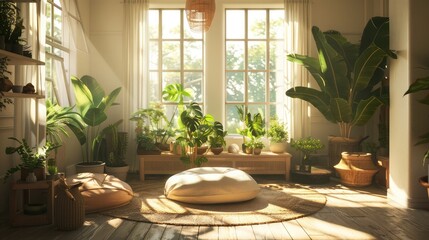 A sunlit room with houseplants and cozy furniture, symbolizing a happy home