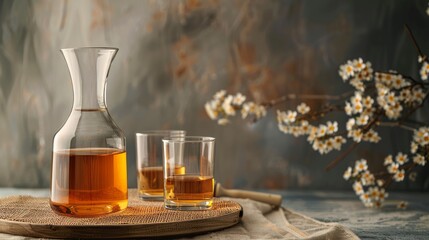 Honey vodka in a carafe and glasses