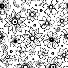 A seamless pattern featuring a variety of black and white flowers with different shapes and sizes, adorned with small stars and swirls