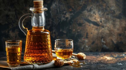 Honey vodka in a carafe and glasses