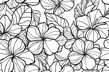 Fototapeta premium A seamless pattern of black outlined flowers and leaves on a white background