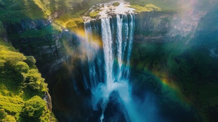Aerial view of a majestic waterfall cascading down a lush green cliff with a stunning rainbow, showcasing the beauty and power of nature.