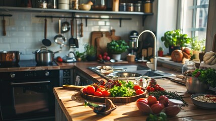 A warm and inviting kitchen with delicious food being prepared, symbolizing the joy of cooking
