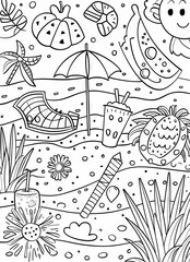 Obraz premium A black and white illustration featuring a beach scene with a beach umbrella, a lounge chair, tropical fruits, flowers, and various drinks