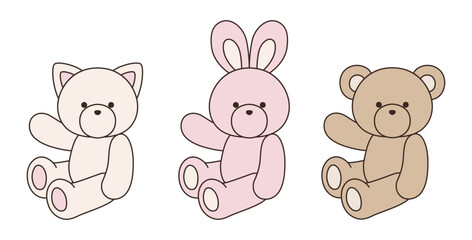 かわいいくまとうさぎとねこのぬいぐるみのベクターイラスト　アイコン　セット　動物