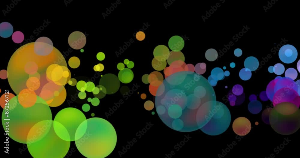 Poster Bokeh, flares and black background in particles with pastel colors with light. Imagination, glitter and shine with textured pattern as wallpaper or abstract with bubbles or circles and blurry