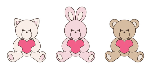 かわいいくまとうさぎとねこのぬいぐるみのベクターイラスト　アイコン　セット　ハート　動物