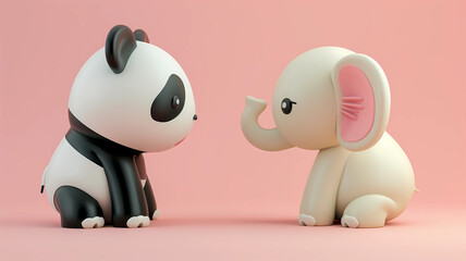A cute 3D elephant and a panda, cute 3D animals