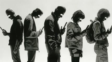 Silhouettes of five people standing in line, all engrossed in their smartphones. Concept of digital addiction and modern technology usage.