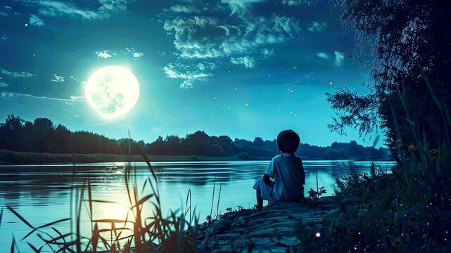 Enchanted Riverbank Reverie: A Child Marvels at the Moon. Seamless looping time-lapse virtual 4k video animation background