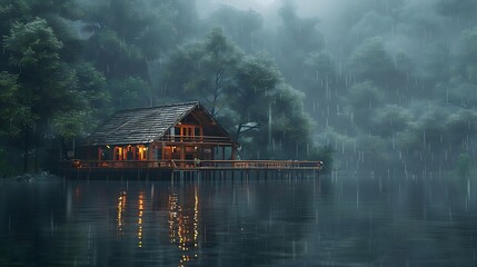 Fototapeta premium Tranquil Lakeside Cabin Nestled in Misty Woods