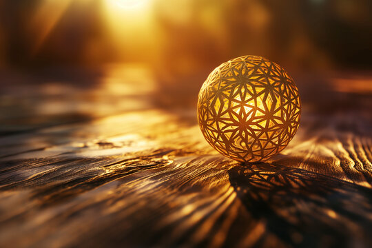 astrological sign, golden grid pattern in the shape of an orb on top of a wooden table, sacred geometry, closeup, nature background, sunset mood, photorealistic // ai-generated  - Powered by Adobe