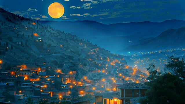 Ethereal Elegance: A Small Town Bathed in the Luminance of the Moon. Seamless looping time-lapse virtual 4k video animation background